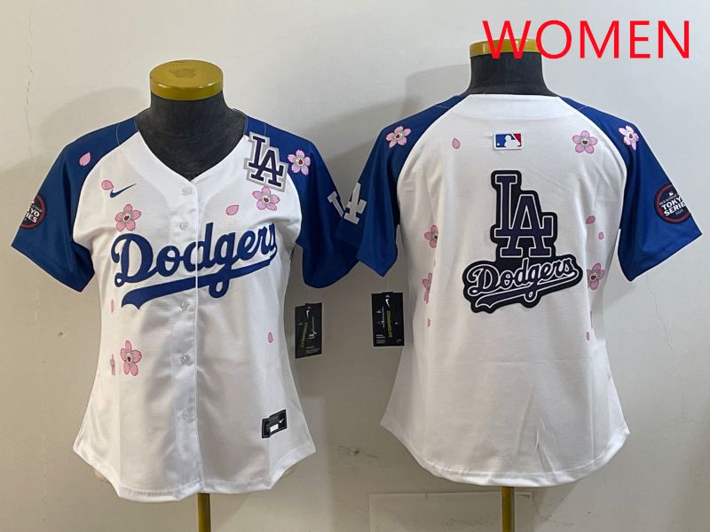 Women Los Angeles Dodgers Blank White Blue Sakura Edition 2025 Nike MLB Jersey style 21->women mlb jersey->Women Jersey
